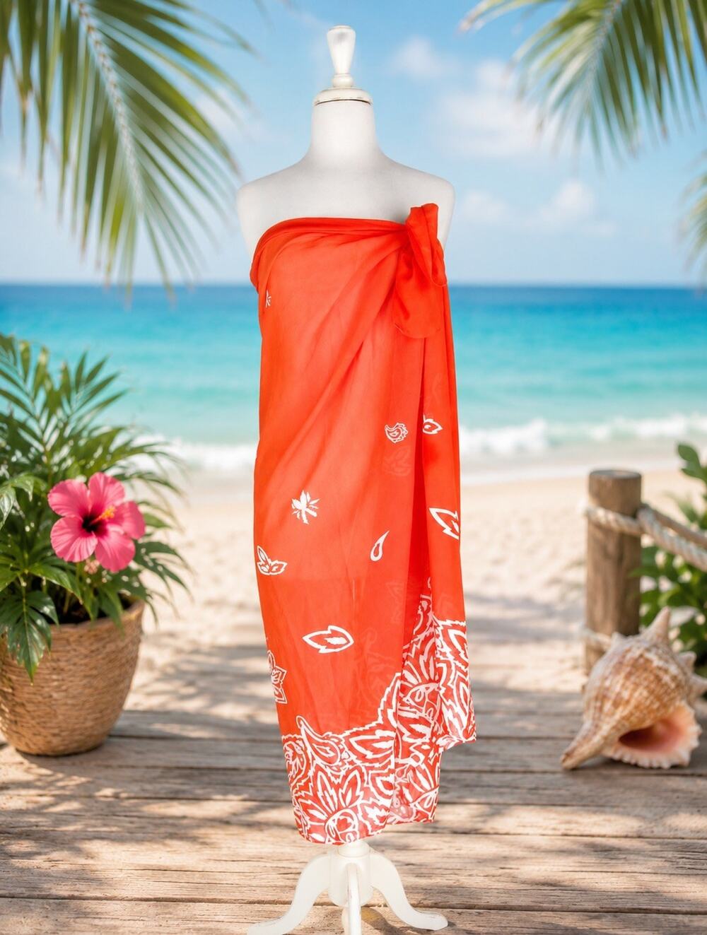 Estée Lauder Large Scarf Sarong Wrap Orange White 100% Polyester 42” x 56” 2005